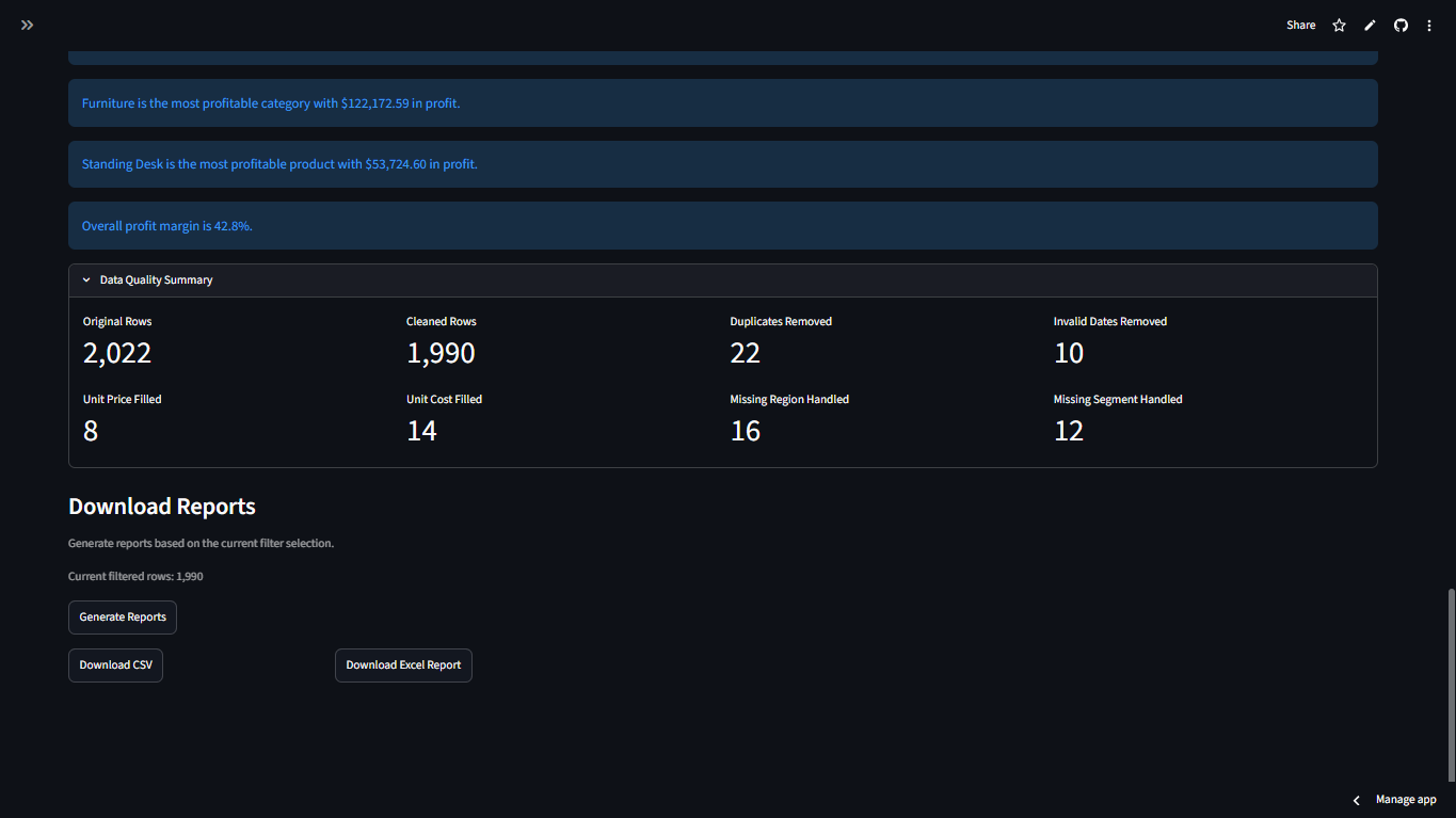 Data quality and report export section