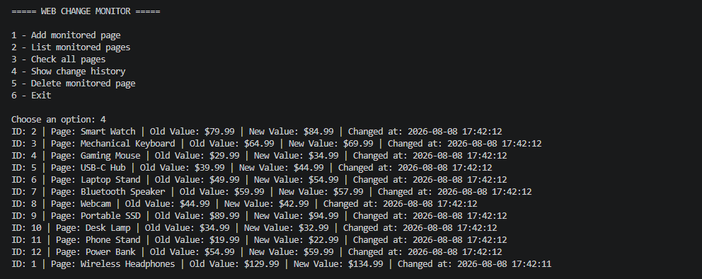 Web Change Monitor CLI change history